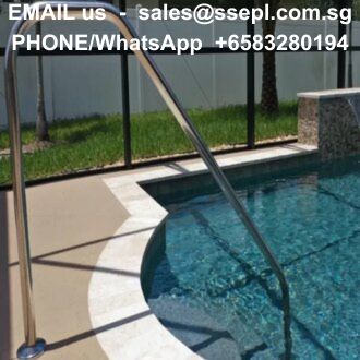 Poolside with a metal ladder and clear water; white contact text over the image showing email and phone details.