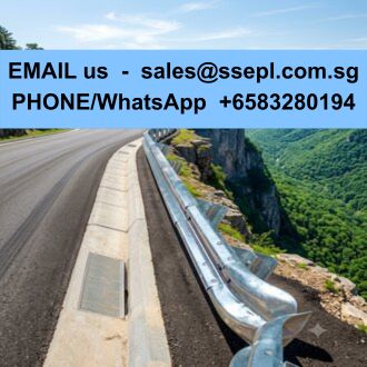 Blue banner across the top of a mountain road showing contact info: 'EMAIL us - [email], PHONE/WhatsApp +65 83280194' over a scenic cliff edge.