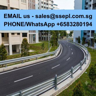 Blue banner with contact info: EMAIL sales@ssepl.com.sg; PHONE/WhatsApp +65 83280194 over a curved road in a residential complex.