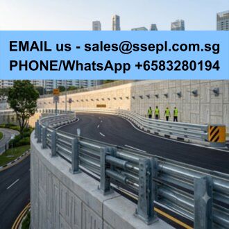 Blue banner over a highway reads: email sales@ssepl.com.sg and WhatsApp +6583280194; construction workers on the roadway in the background.
